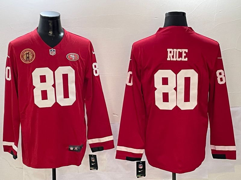 Men San Francisco 49ers 80 Rice Red long sleeve 2024 Nike NFL Jersey style 01044